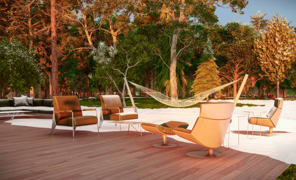 3d renders of hospital patio with seating deck and hammock surrounded by nature. Computer graphics of hospital patio with wooden sitting deck and greenery around.